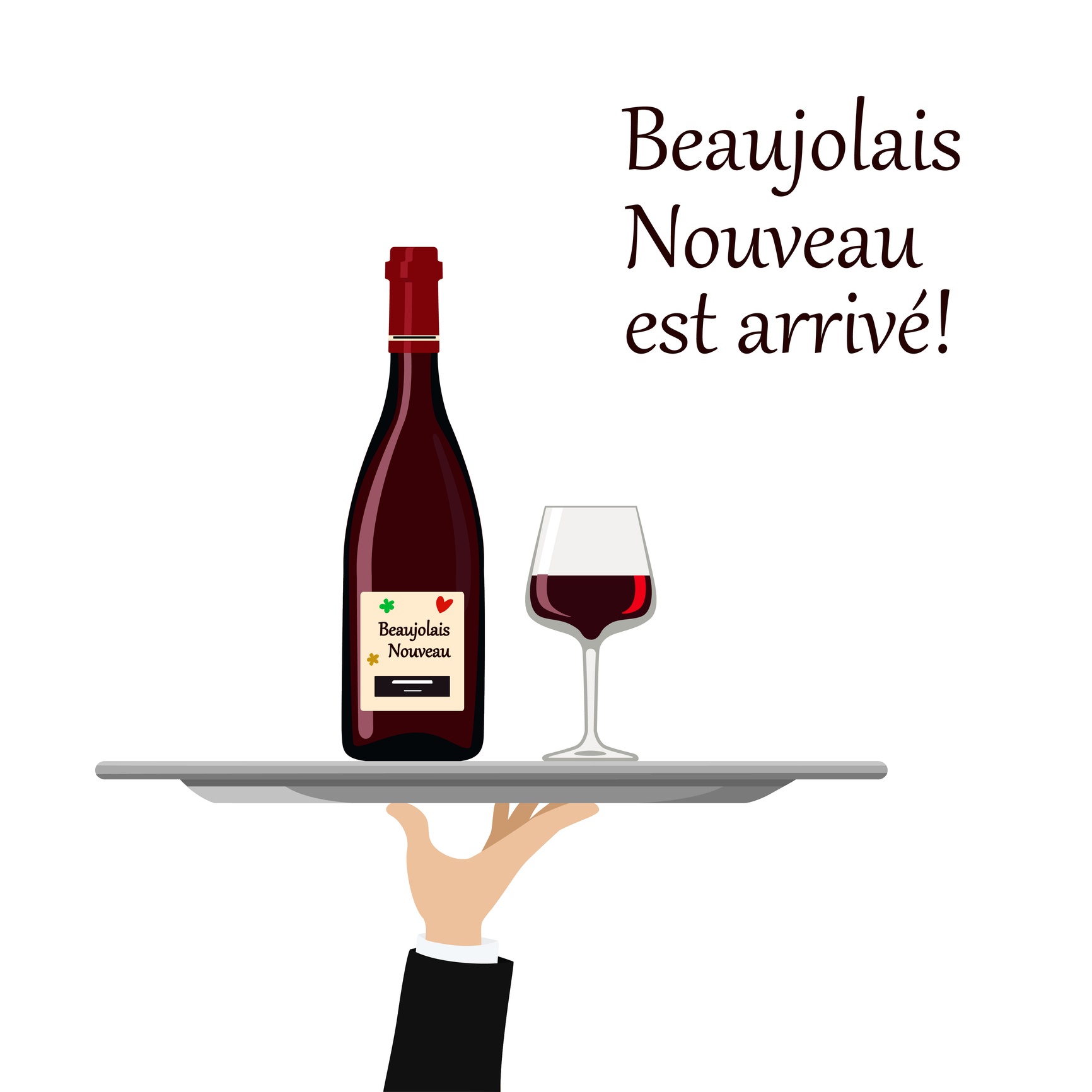 Beaujolais Nouveau wine with glass on tray