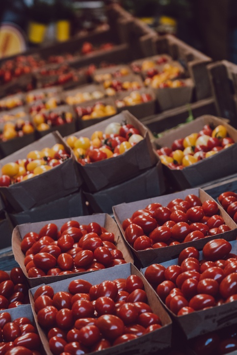 Punnets of fresh red and yellow tomatoes at a market, selective focus.