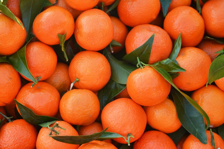 Bunch of fresh oranges tangerines on a market