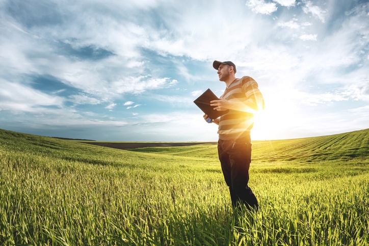 A young agronomist holds a folder in his hands on a green wheat field. A farmer makes notes on the background of agricultural land during sunset. Man in a cap with a folder of documents