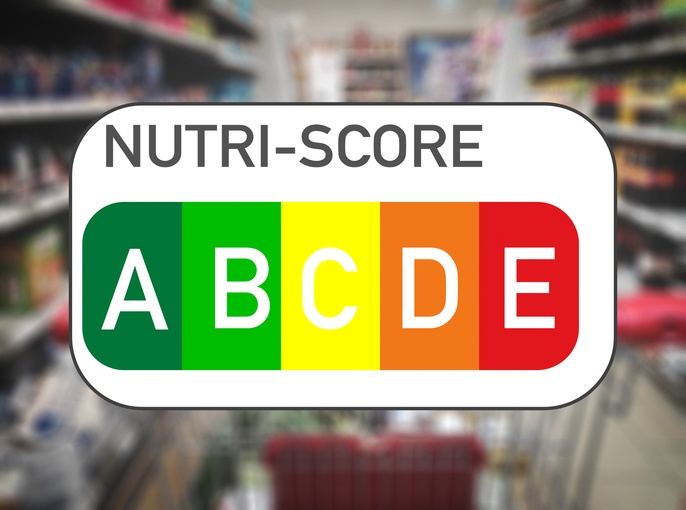Nutri Score food labeling and food traffic light logo in a grocery store